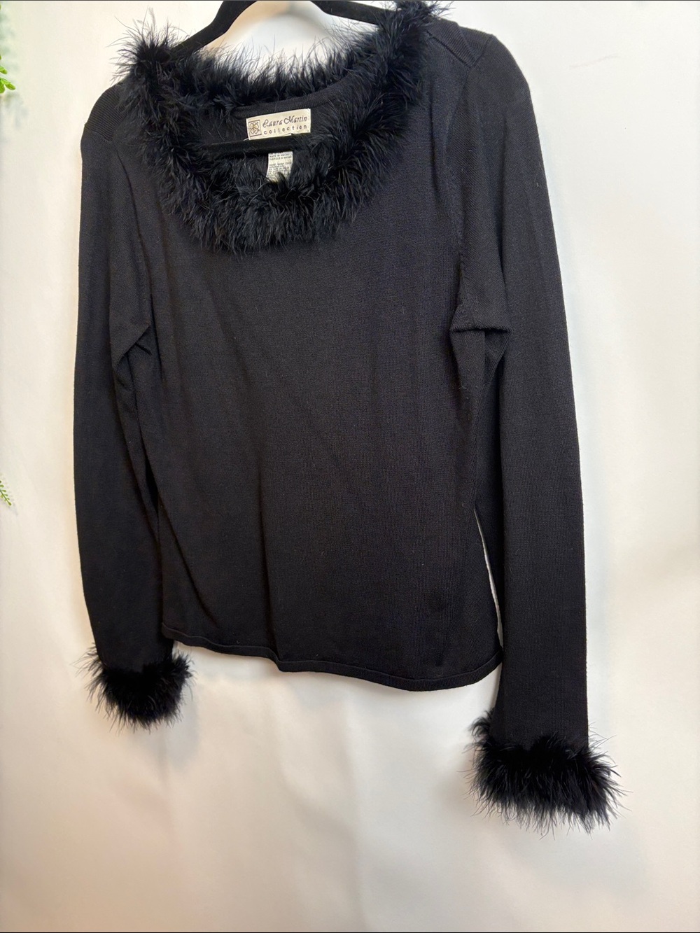 Black Feather-Trim Long Sleeve Sweater